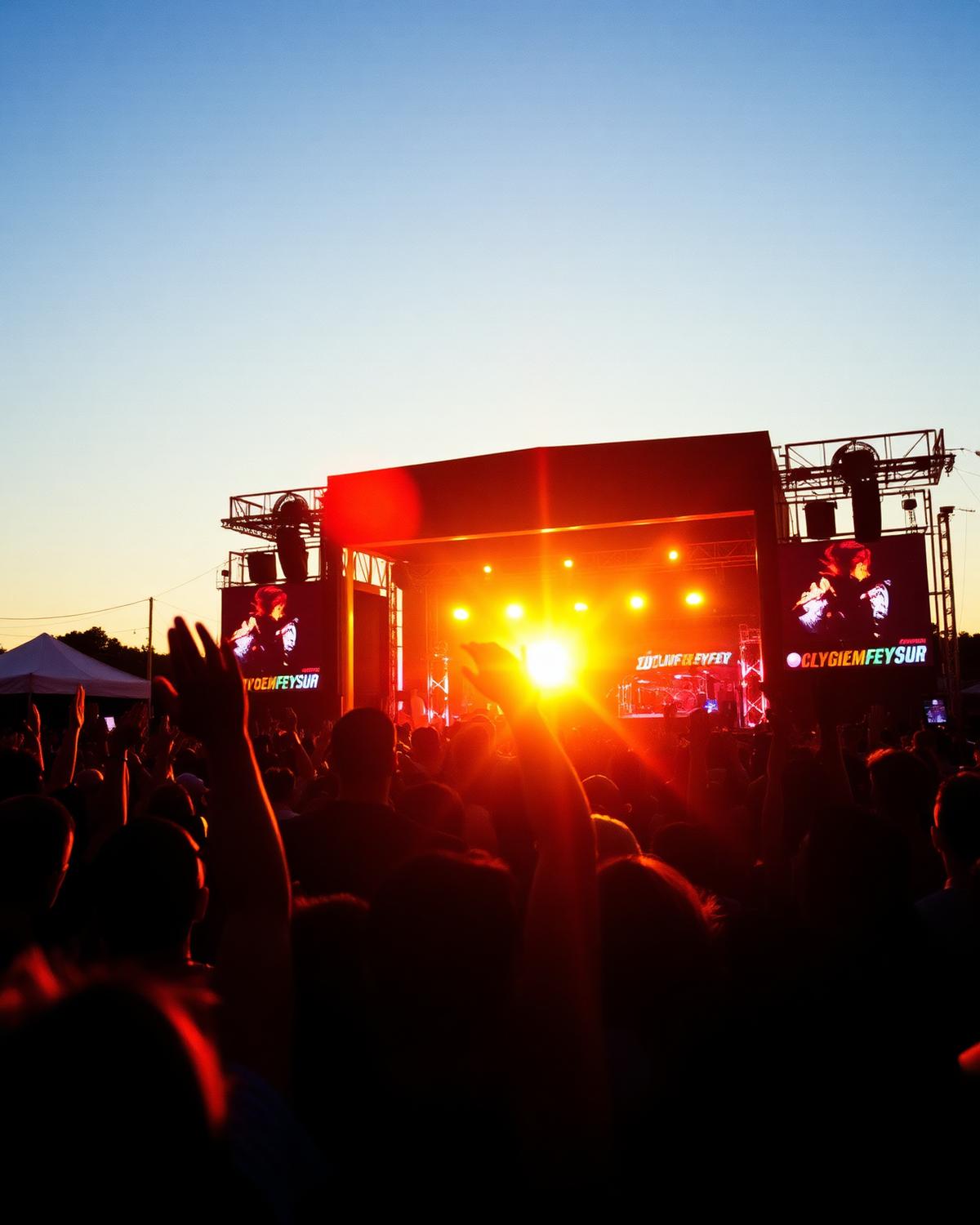 Foule au coucher du soleil devant une scène de festival